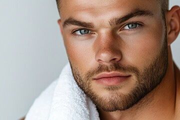 Obraz premium A male Caucasian youth, bare-chested, is portrayed in two different conditions, namely before and after the removal of his hair through waxing, set against a white background