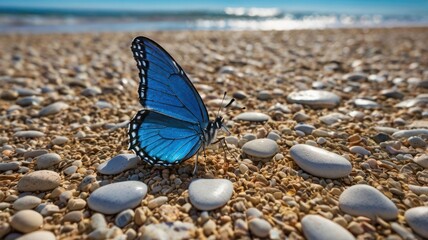Vibrant blue butterfly resting on a beach of white stones