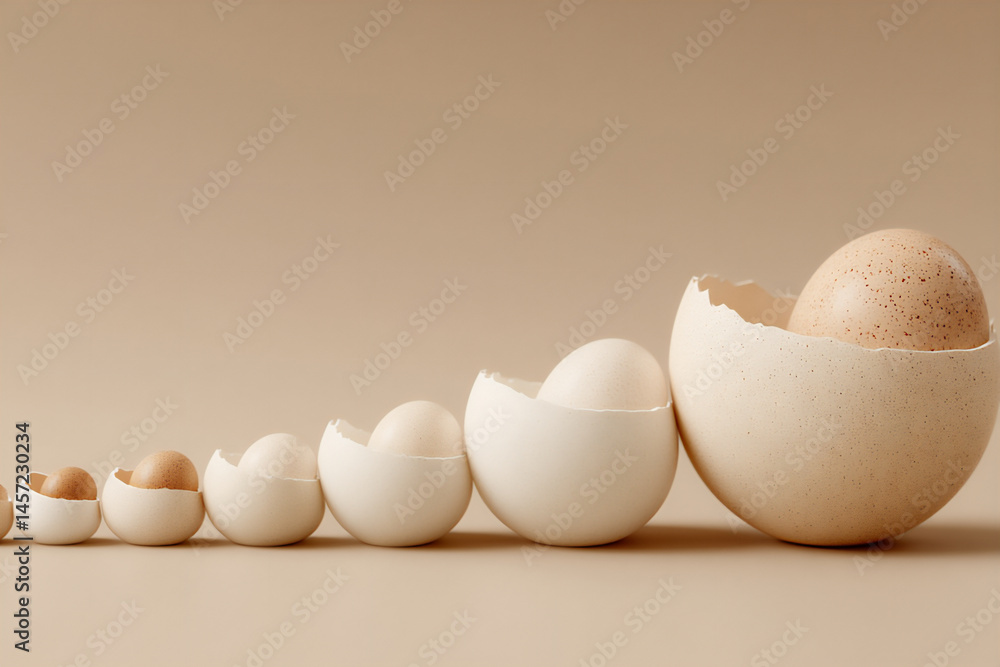 Poster a series of eggs in different stages of cracking, with the final stage showing a fully formed, stron