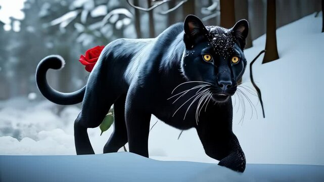 A black cat is walking through the snow next to a red rose