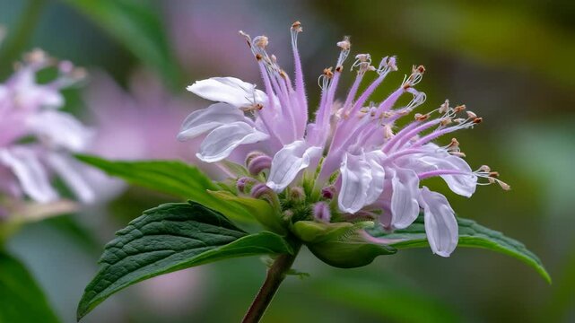 Closeup of a vibrant Monarda wildflower in full bloom, showcasing its light pink petals and unique stamen against a blurry green background