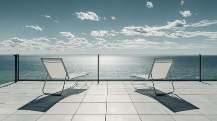Two chairs sit near ocean on a tiled outdoor patio space