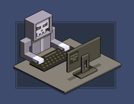 Black hat hacker isometric pixel art illustration