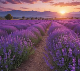 Obraz premium Sunset hues paint lavender field, vibrant purple blooms , scenery, scenic