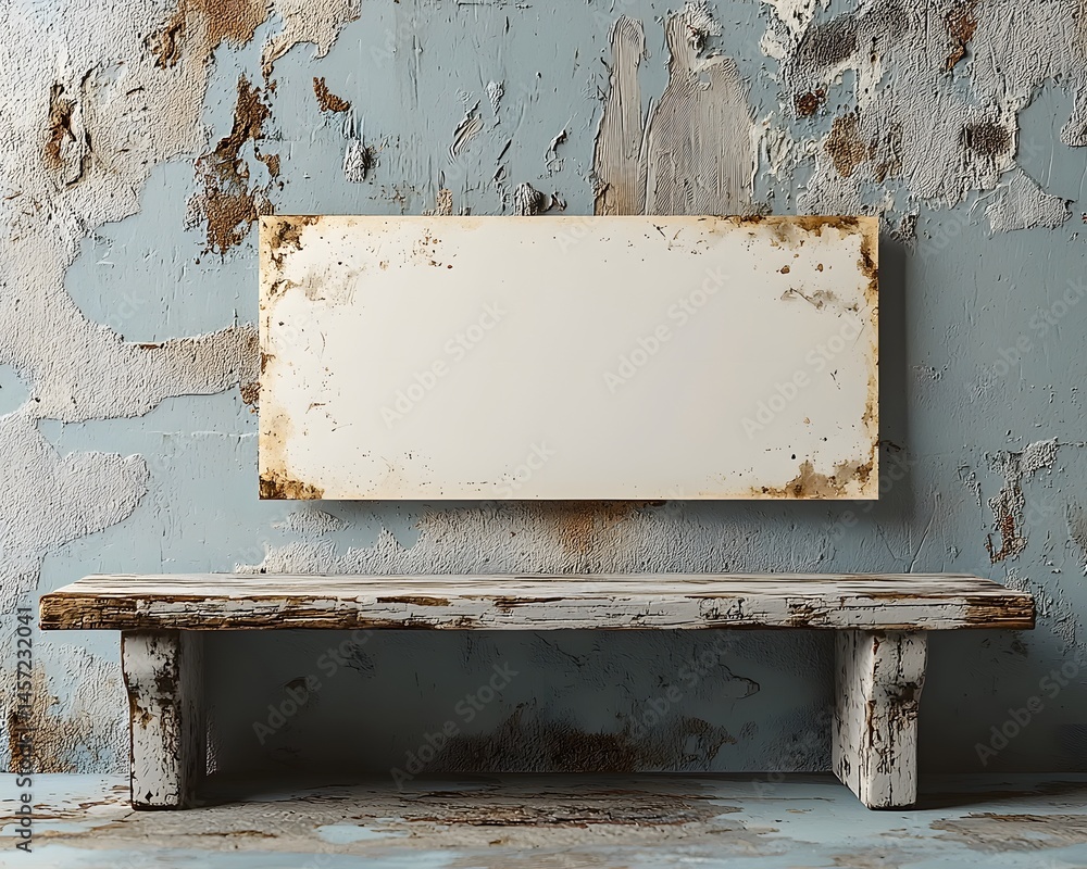 Poster weathered rustic bench with a blank white card on a soft gray background