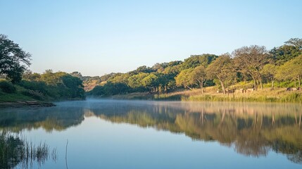 A serene lake reflects trees and sky on a calm morning