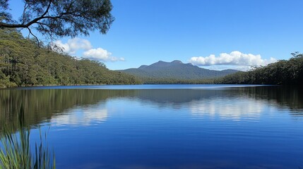 Fototapeta premium A serene lake reflects mountain and sky on a bright sunny day