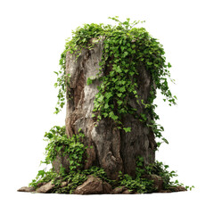 Ancient Tree Stump Covered in Lush Green Ivy, Isolated on White Transparent background