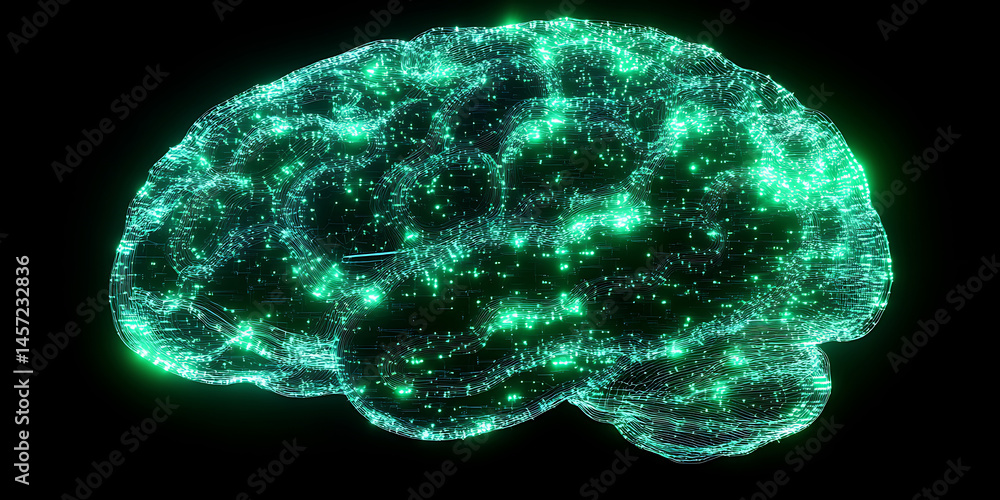 Poster abstract digital brain with green glowing neural network on a black background representing artifici