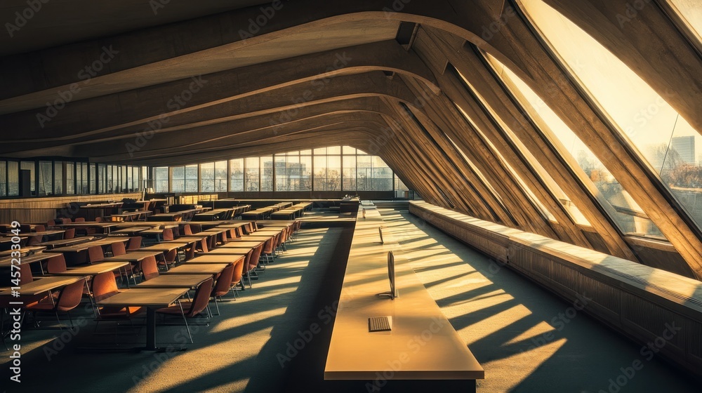 Poster modern interior architecture featuring rows of tables and large windows