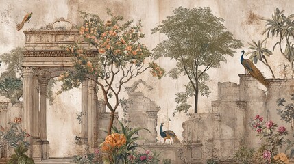 Vintage Roman ruins with botanical garden birds peacock and floral trees for wallpaper