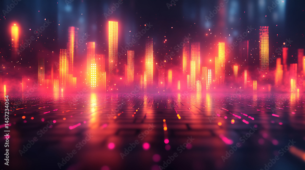 Poster abstract digital cityscape background featuring glowing buildings and reflections on a futuristic su