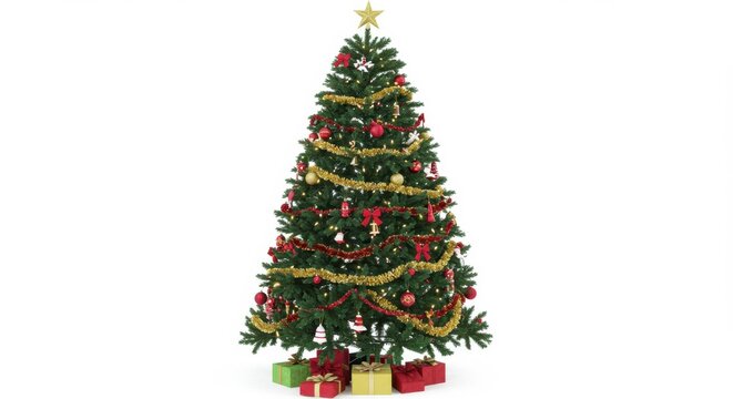 A christmas tree with ornaments and a star on top with presents underneath on a white background