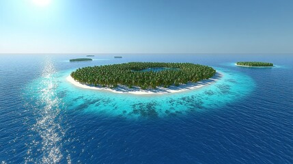 Tropical island paradise aerial view; ocean, palm trees, lagoon