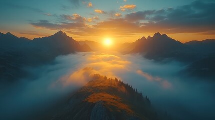Obraz premium Sunrise lights the mountains piercing low clouds in a serene landscape scene