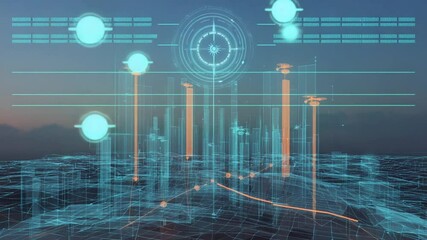 Futuristic HUD translucent cityscape in lower third, overlaid with building height bar charts, live traffic heatmap lines, glowing drone orbs flying skyline, dusk, neon orange teal seamless loop - Powered by Adobe