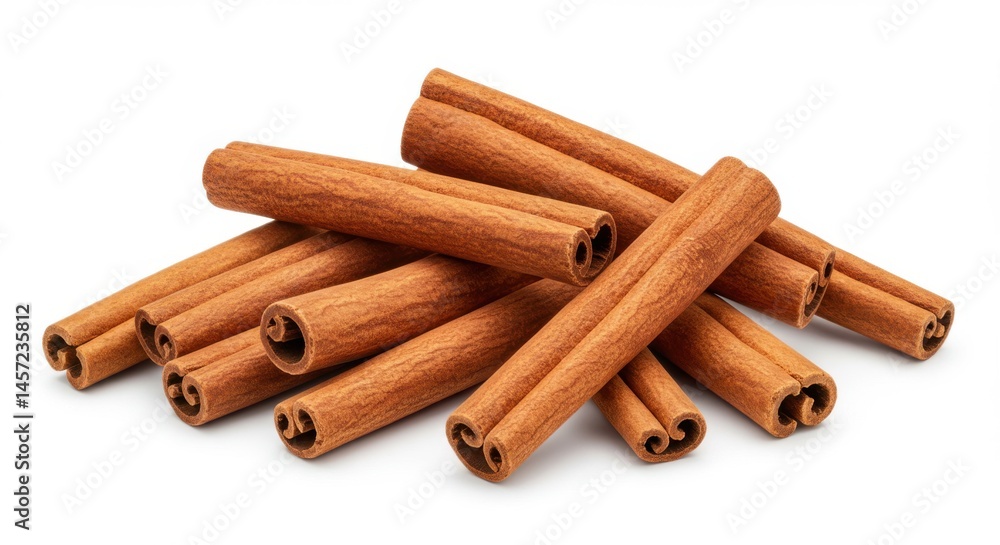 Poster a pile of cinnamon sticks isolated on a white background showing the texture and rolled shape of spi