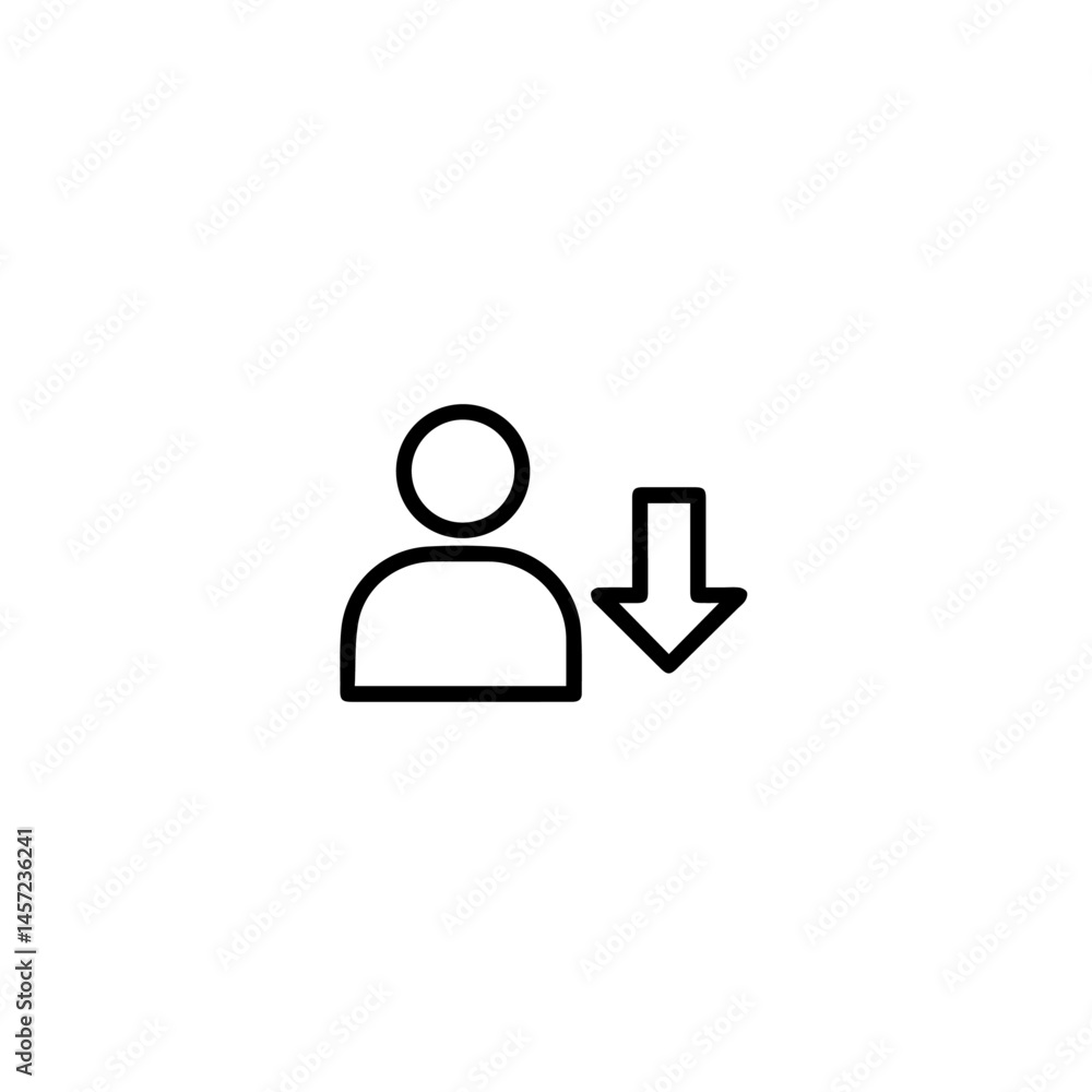 Poster simple person icon with downward arrow indicating user profile download or access restriction. this 