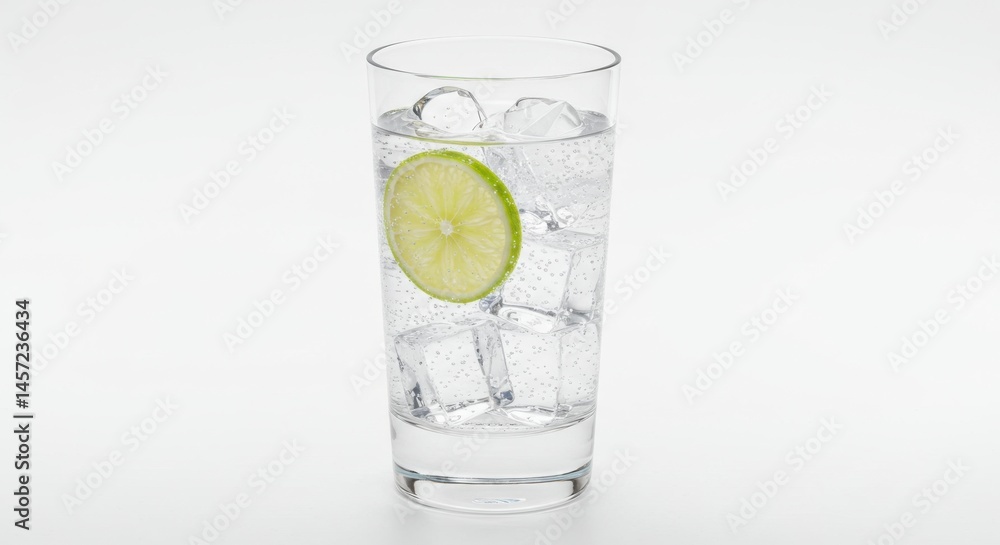 Poster glass of clear liquid with ice cubes and lime slice on a white background in a studio setting