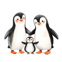 Fototapeta premium Adorable Penguin Family Watercolor Illustration Cute Baby Penguin
