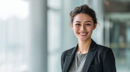 A smiling Asian woman in professional attire; confidence and warmth in the workplace.
