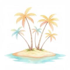 Watercolor Painting of a Tropical Island with Palm Trees