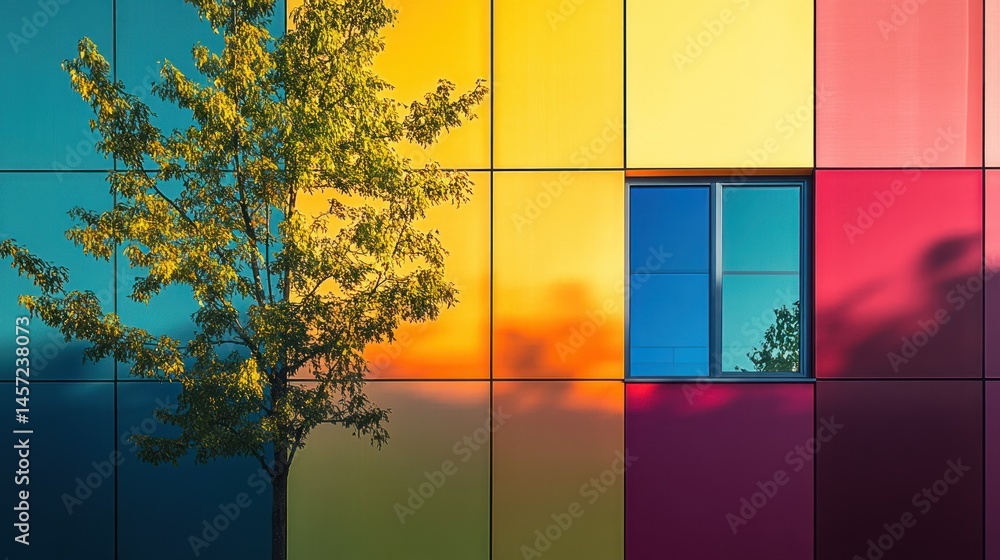 Poster colorful building with a tree in front of the window
