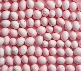 Pink and white speckled Easter eggs arranged in a charming repeating pattern on a soft pink backdrop ,  texture,  seasonal