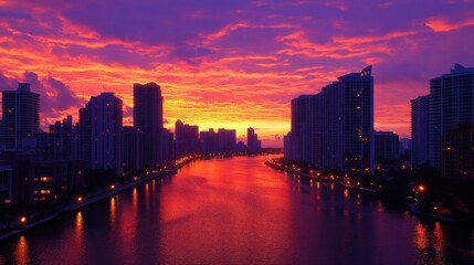 Fototapeta premium Vibrant sunrise over city canal, reflecting fiery sky; cityscape background, perfect for travel brochures