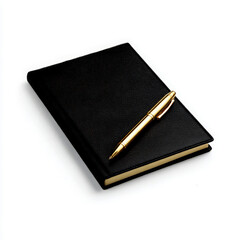 A closed black leather notebook is presented with a golden pen laying 