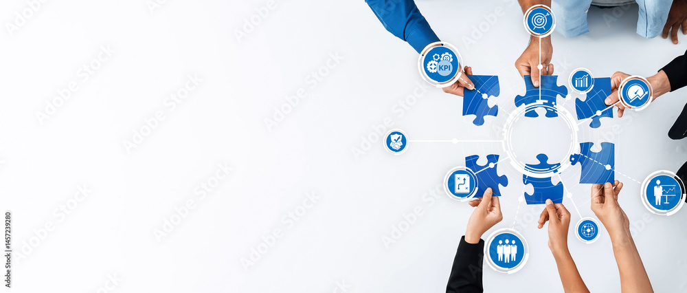 Poster a group of diverse hands collaborates to piece together blue puzzle elements, symbolizing teamwork a