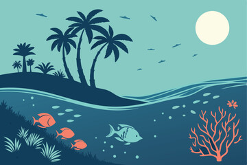 Obraz premium 2 Tropical island silhouette, palm trees, full moon, clear sky, underwater scene, coral reef, colorful fish, jellyfish, marine life, vibrant blues, gradient ocean, serene atmosphere, minimalist style,