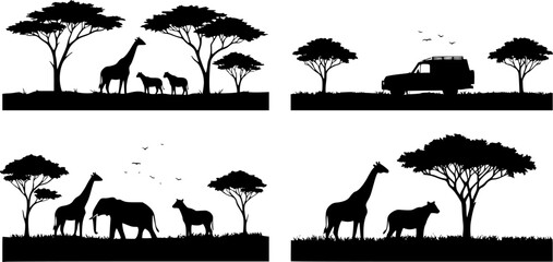 Africa Safari Savanna landscape background banner panorama for logo - Black silhouette of wild animals, trees, vehicle and sun, isolated on white background (Generative Ai)