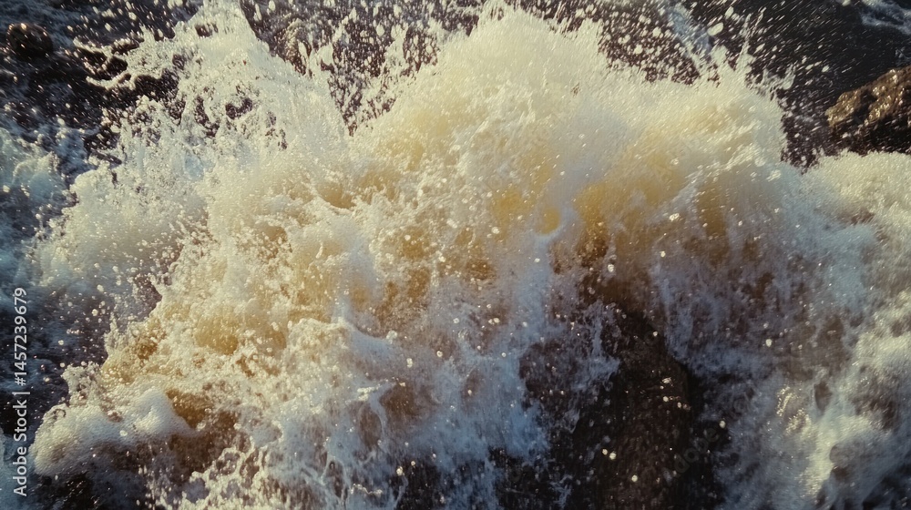 Poster water violently crashing against rocks creating splashing and foam