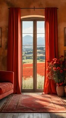 A picturesque window frames a stunning vista of a poppy field and distant mountains, bathed in sunlight.