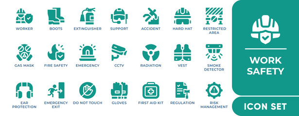 Work Safety Icon Set featuring PPE, warning signs, helmets, gloves, fire safety, hazard symbols, and emergency alerts. Vector and editable.
