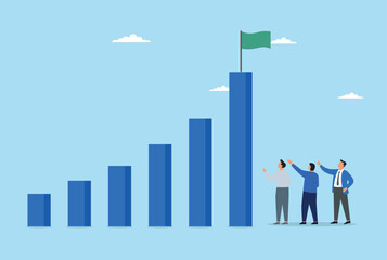 Vector illustration of team reaching business milestone with growth chart
