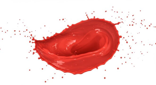 A vibrant splash of red paint frozen in mid air against a stark white background creating dynamic movement