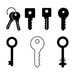 black and white key icon set – vector illustration with classic, modern, flat & skeleton keys for security and access