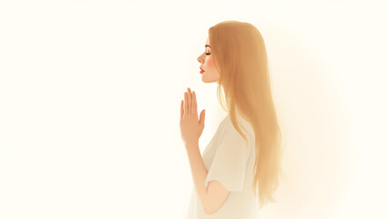 Obraz premium Serene woman praying, hand on face, soft watercolor tones. Minimalist, ethereal, spiritual. Fading white edges, artistic.