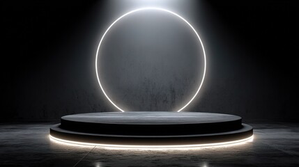 Minimalist Black Round Podium with Glowing Circular Light Design
