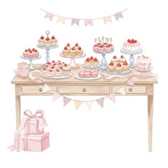 Watercolor Pink Strawberry Cakes on Wooden Table