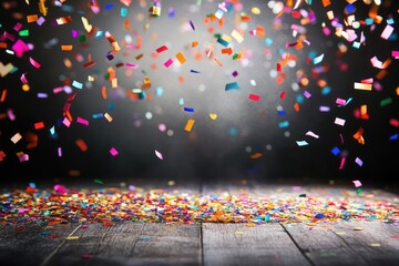 Vibrant celebration confetti falling on dark background