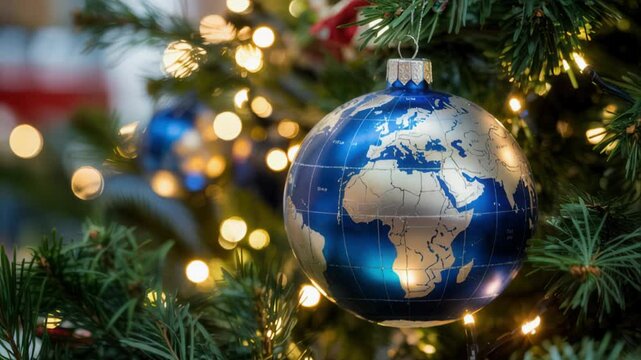 Blue and gold globe-shaped Christmas ornament depicting continents, hanging on a festive tree adorned with green branches and glowing warm lights in a holiday setting.
