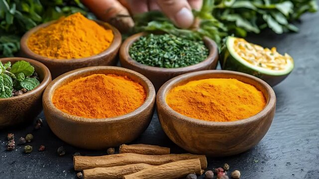 Assorted Colorful Spices and Herbs in Wooden Bowls on Dark Surface