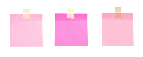 Three pink sticky notes fastened with tape, isolated on a transparent background; PNG
