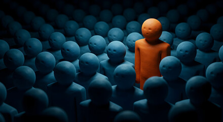 Obraz premium Orange Figure Stands Out Among Blue Crowd in a Dark Conceptual 3D Render
