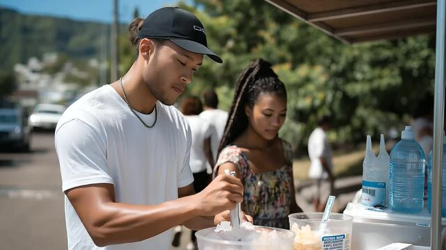 A local selling shave ice at a roadside stand in Hawaii