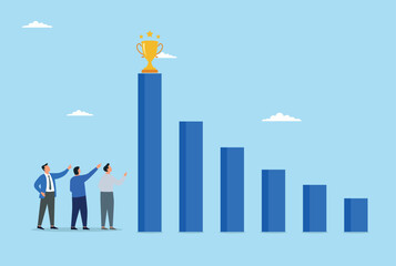 Fototapeta premium Vector illustration of team reaching business milestone with growth chart 