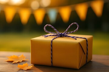 Golden Gift Box with Purple Ribbon – Autumn Background Present Photography